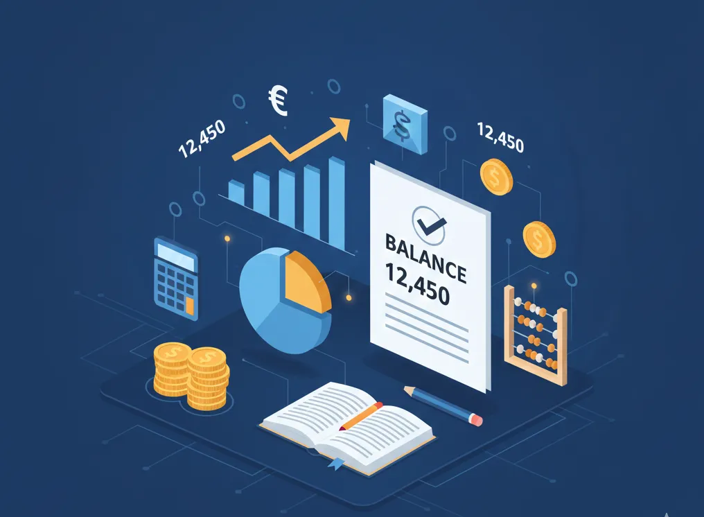 Gráfico que representa el proceso de cierre contable anual con datos y balances.